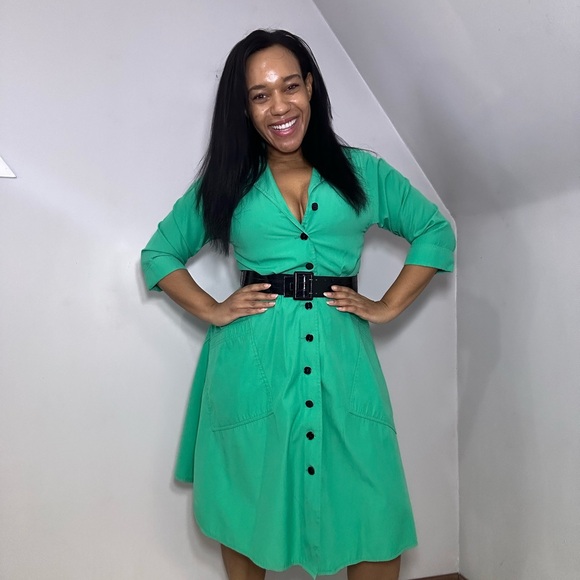 Vintage Green Button-Up Women's Dress A-line Spring Casual Midi Cutesy ILGWU - Picture 6 of 11